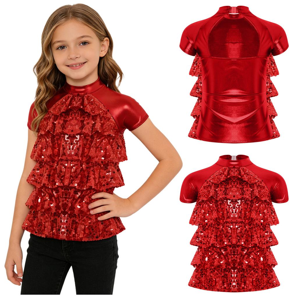 Girls Metallic Glossy Sequins Performance Top Mock Neck Short Sleeve Front Mesh Tiered Design Back Cut for Party Dance Show