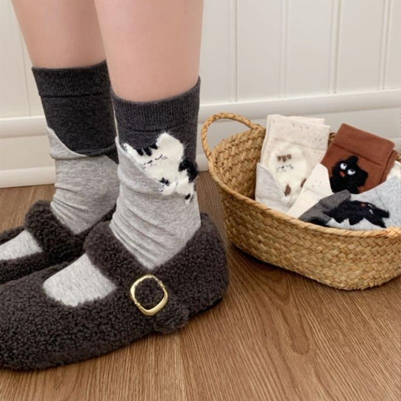 4 Pairs Cartoon Cute Cat Cotton Socks Women Girls Middle Tube Sleep Floor Socks