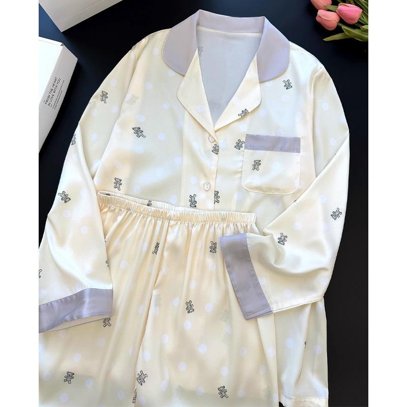 Bubble Bear Ice Silk Pajamas Spring And Summer Girl Style Thin Long-Sleeved Casual Loungewear