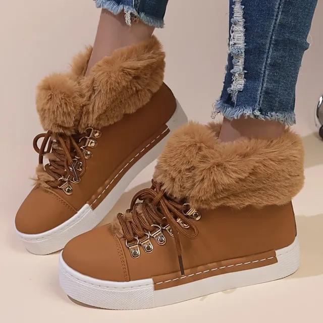 Pluizige Bont Dikke Bodem Enkellaarsjes Vrouwen Antislip Lace Up Platform Snowboots Vrouw Warme Pluche Winter Korte Laarsjes Vrouwelijke 39
