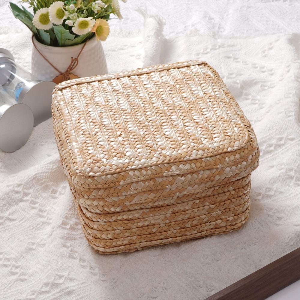 Handmade Woven Straw Storage Box Natural Straw Cosmetic Storage Container Home Decor