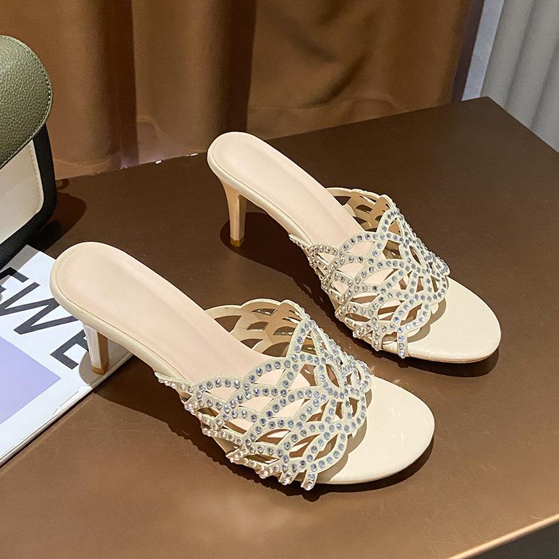 2025 foreign trade new spring and summer sandals high heel thin heel sexy fish mouth European and American rhinestone banquet shoes thin belt hollo