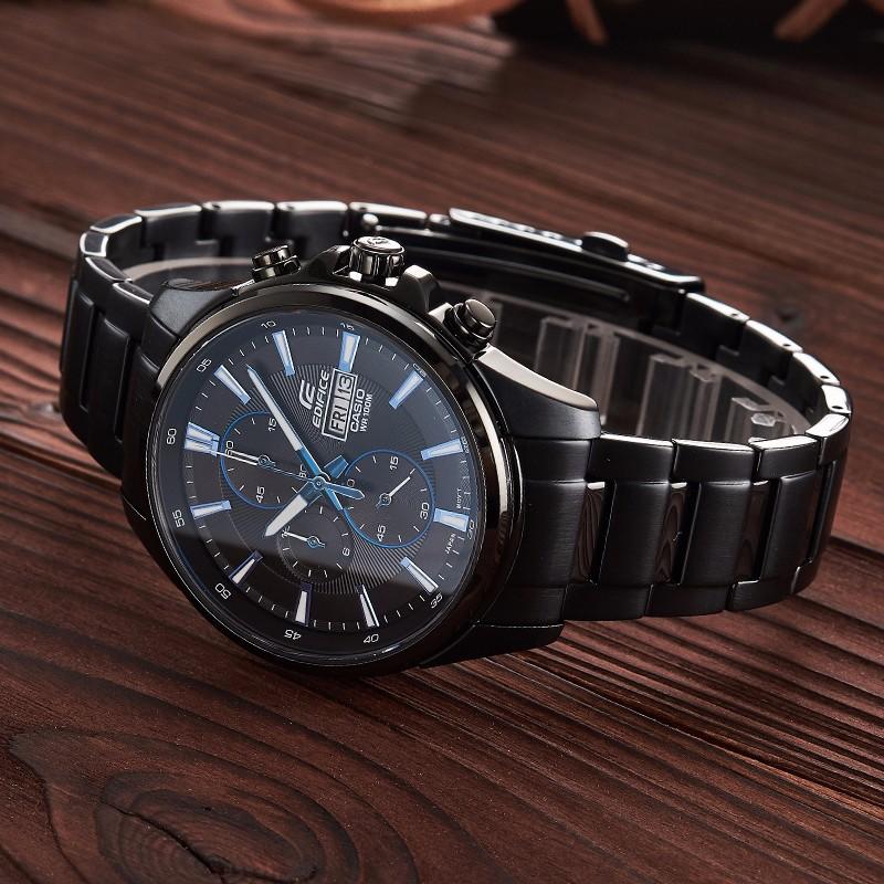 Casio EDIFICE Series Heart of Darkness All Black IP Coated Three Eyes Waterproof Casual Watch Quartz Movement Stainless Steel Strap EFB-509DC-1A