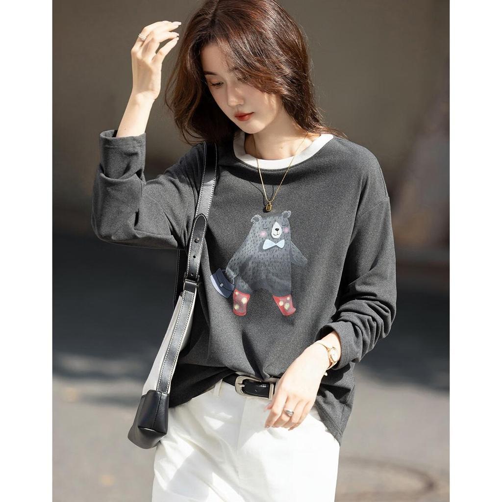 Demana 280G Thermal Velvet Warm Winter Korean Style Colorblock Crewneck Bear Print Petite Women's T-Shirt