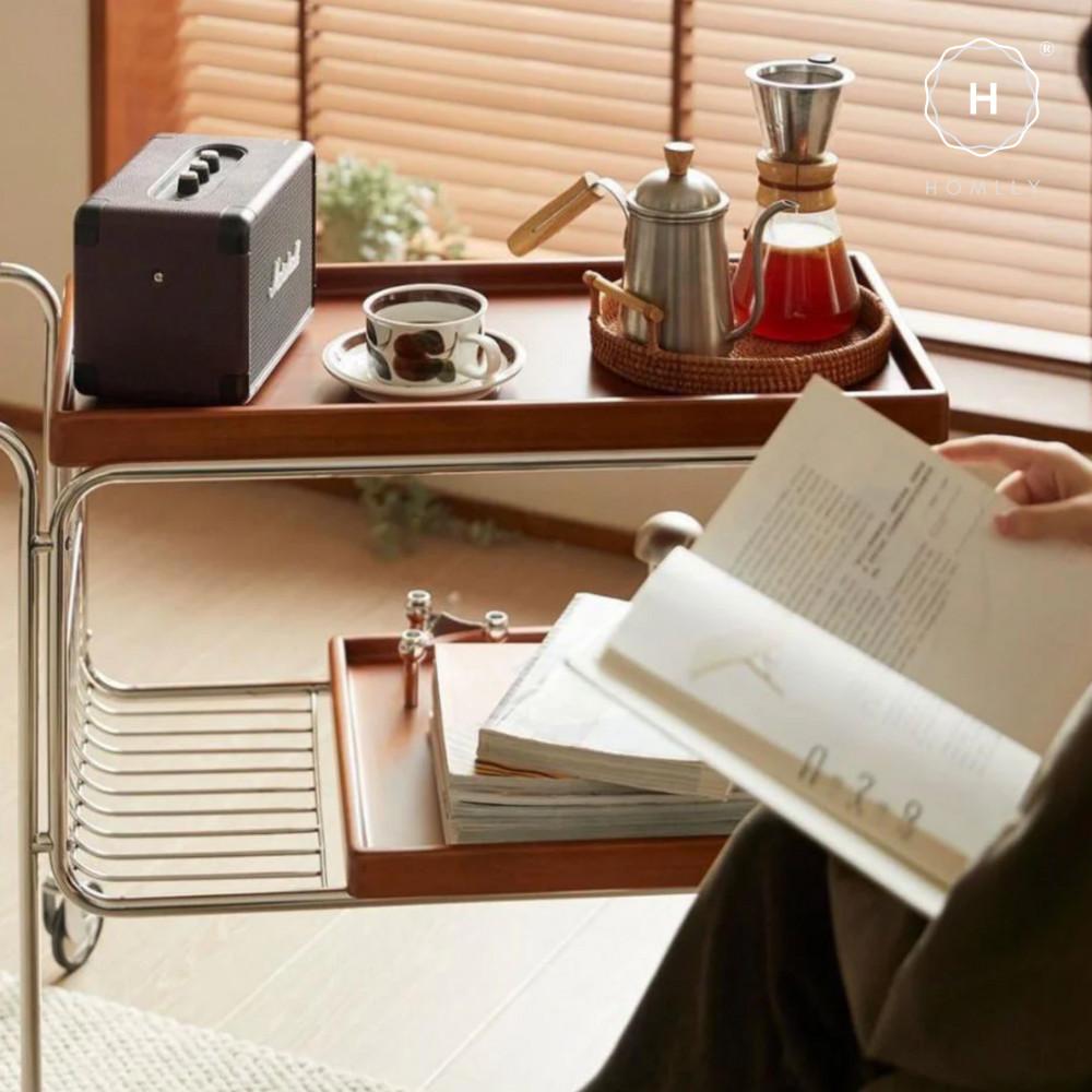 Homlly Bisii Mid-Century Rectangular Rolling Serving Cart Trolley