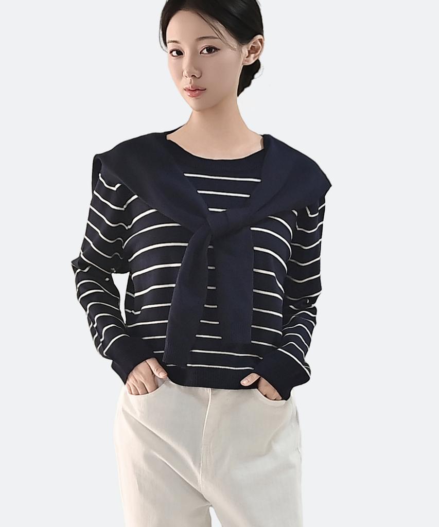 Keulleiseu Cape Shawl Layered Striped Knit T-Shirt_Ivory