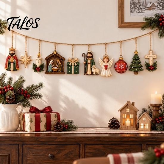 Xmas Mantel Window Hanging Retro Wooden Nativity Pendant for Christmas Tree Decoration, Rustic Manger Decorations Banner with Hemp Rope Holiday