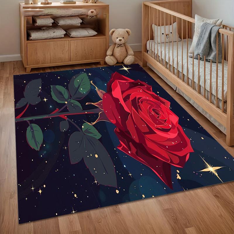 Red Rose Floral Area Rug Romantic Rose Flower Bedroom Carpet Pastoral Style Living Room Floormat Indoor Non-Slip Entrance Rug