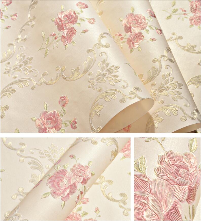 Beibehang 53x300cm Geprägte Blumen Vlies Selbstklebende Tapeten für Wohnzimmerdekoration Rosa 3D Wandpapiere Heimdekoration