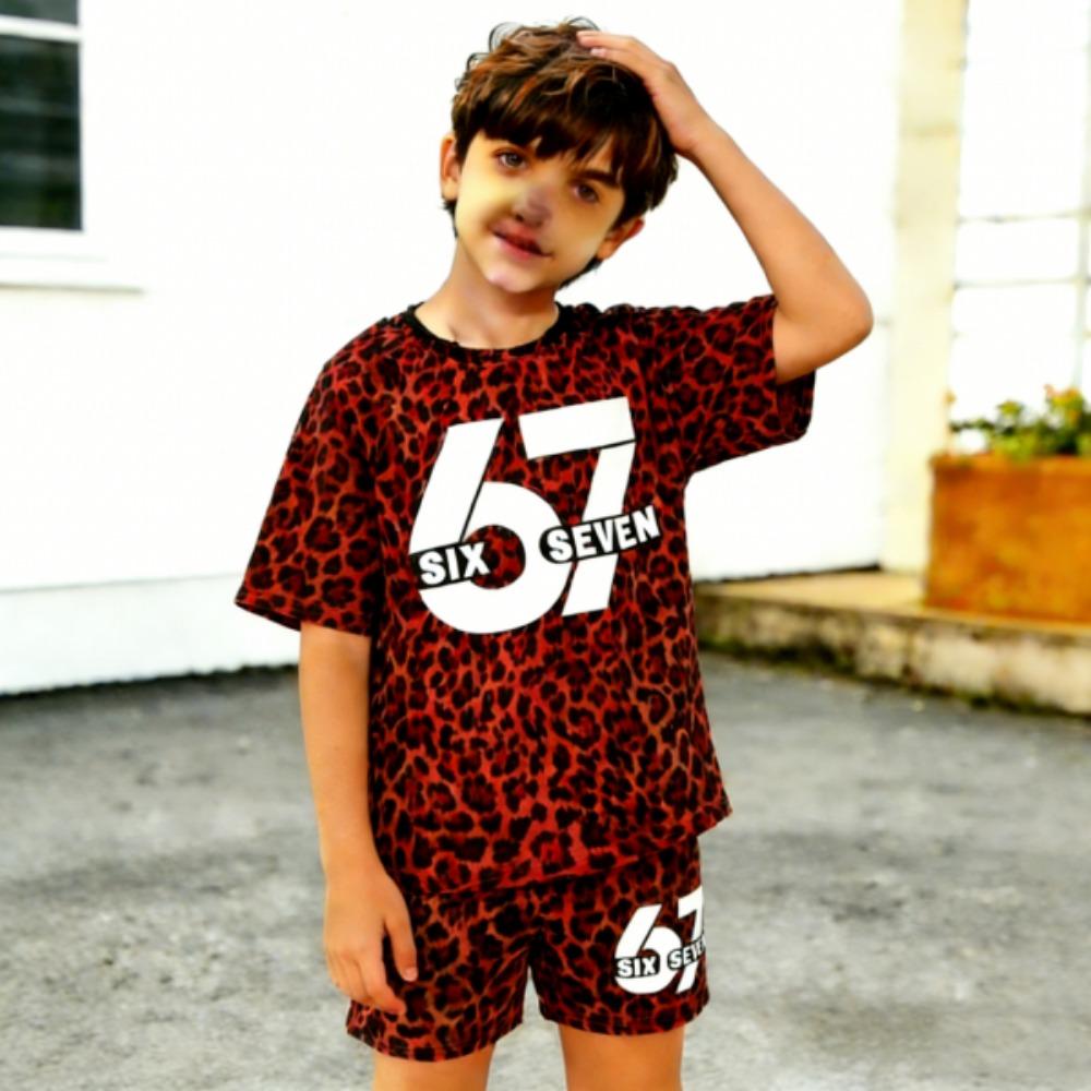 67 Leopard Colored Printed kids T-shirt and Shorts 2 Piece Set Summer Casual Outfit for boy's and girl's Clothing Top