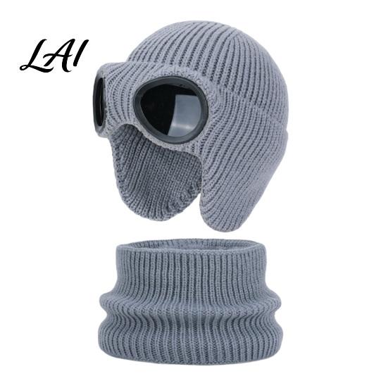 Comfortable Skin Friendly Winter Cap 1 Set Knit Hat Neck Warmer for Kids Earflap with Goggles Childrens And Fleece Lined Aviator Cap Warm Windproof