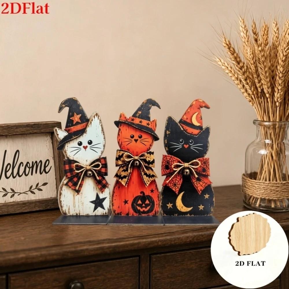 3Pcs Thickened 2D Flat Wooden Halloween Witch Cat Set Thanksgiving Party