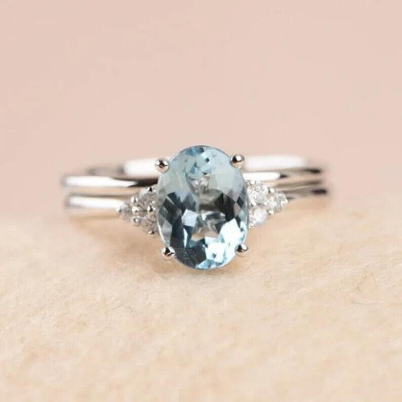 Aquamarine Gemstone Anniversary Ring 925 Sterling Silver Handmade Women Ceremony Dainty Gift