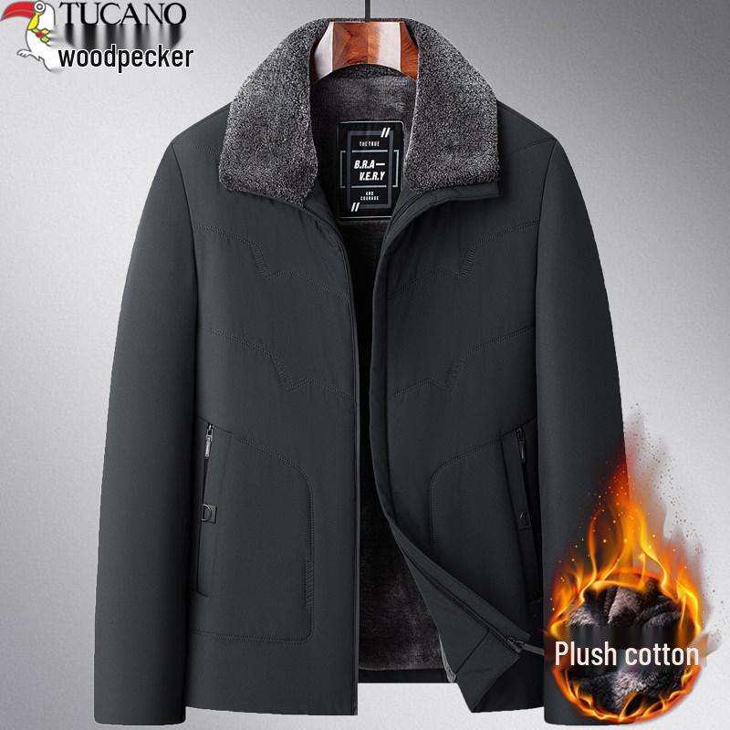 Woodpecker Men's Fleece-Lined Winter Jacket: Thick, Cotton-Padded, Cold-Proof Coat for Middle-Aged and Elderly.