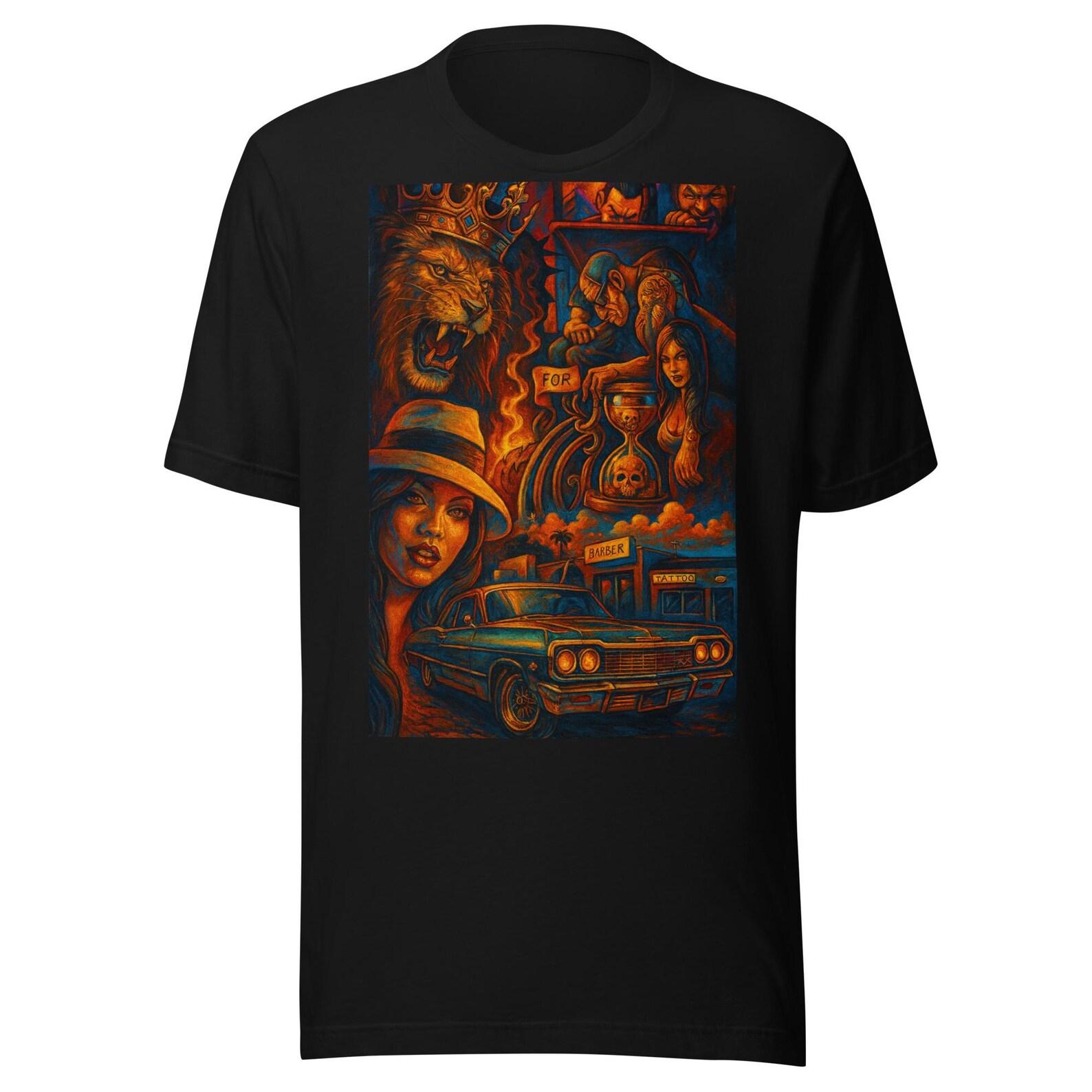 Payasa Chicana Art Print – La Homie Clown with Roses & Theater Masks Unisex t-shirt S