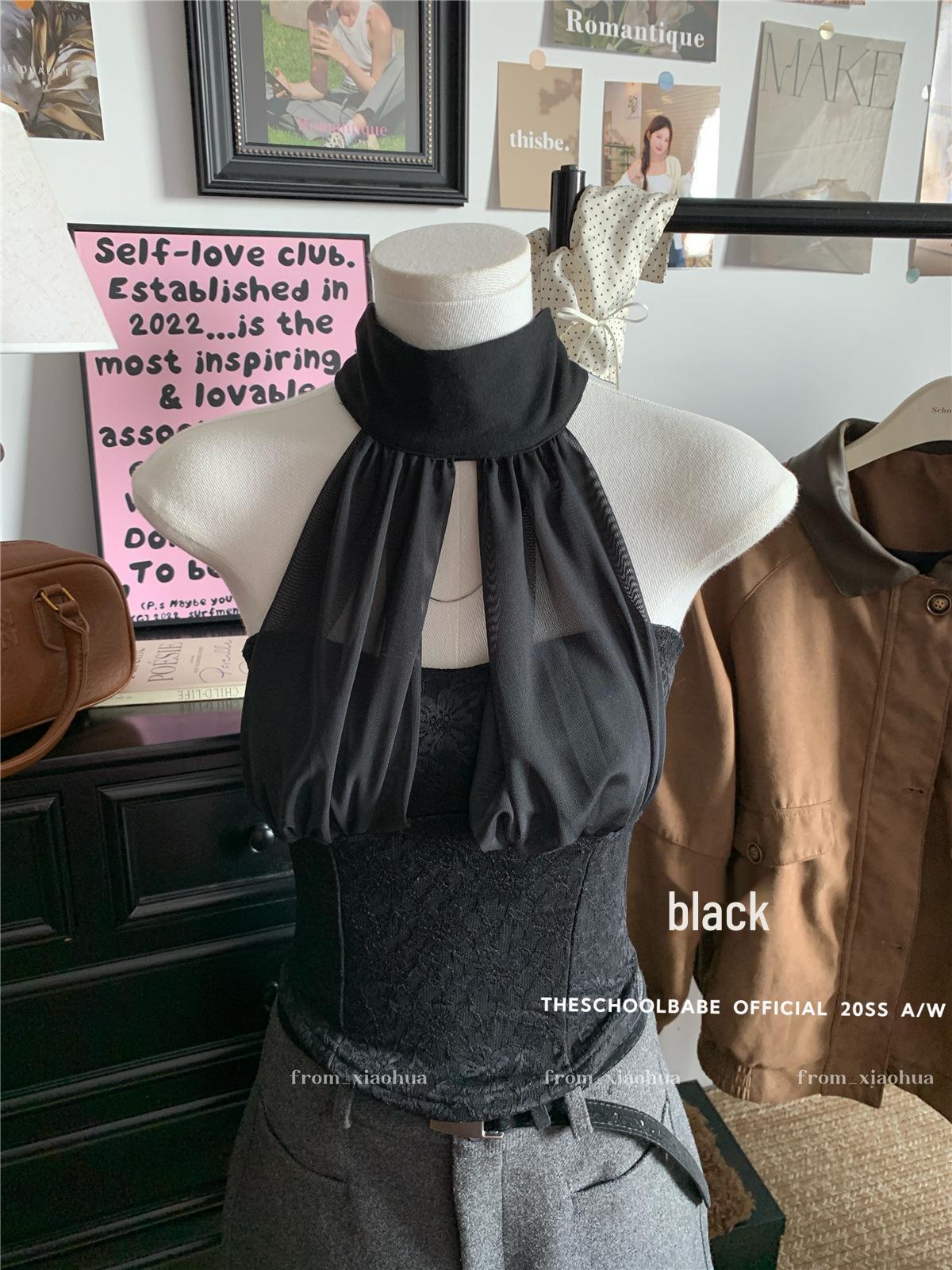 2026 Stylish Light Luxury Lace Camisole with Bow Detail - Women s Halter Neck Mesh Top One Size