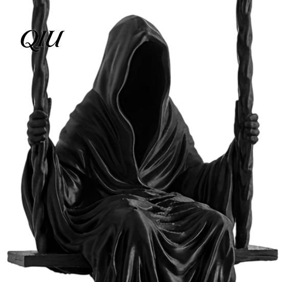 Matte Black Gothic Figure 3D Printed Sitting Reaper Statue, Faceless Man In Robe On Swing Sculpture Figurine, Cloak Ornament, Dark Style Figurine