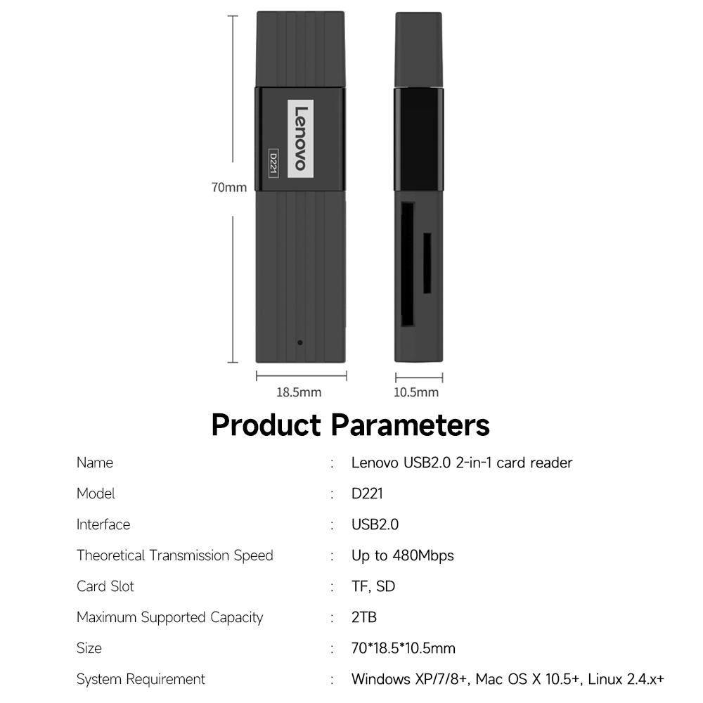 Lenovo D221 USB2.0 קורא כרטיסים נייד SD+TF קורא כרטיסים 2 ב-1 שידור יציב מעטפת ABS