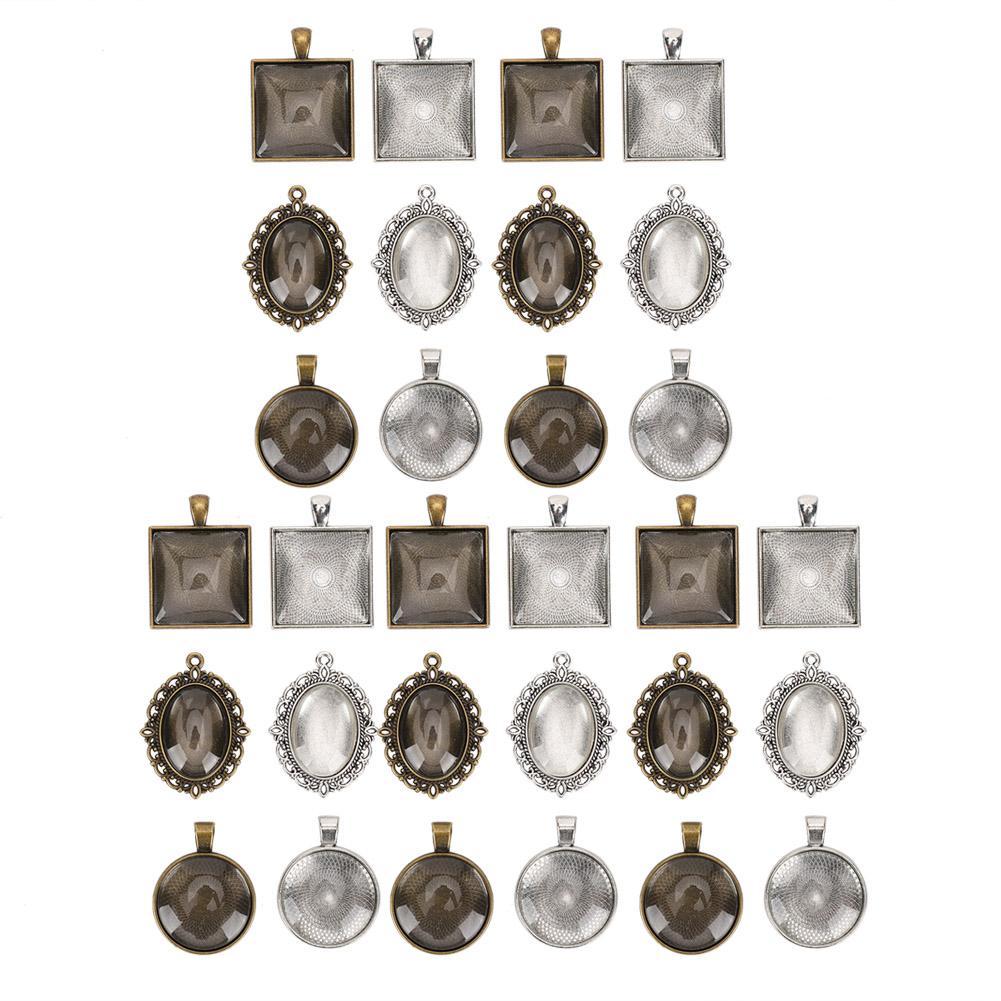 60pcs Metal Round Oval Pendant Base Tray Glass Domes Sheet Jewelry DIY Tool Accessory