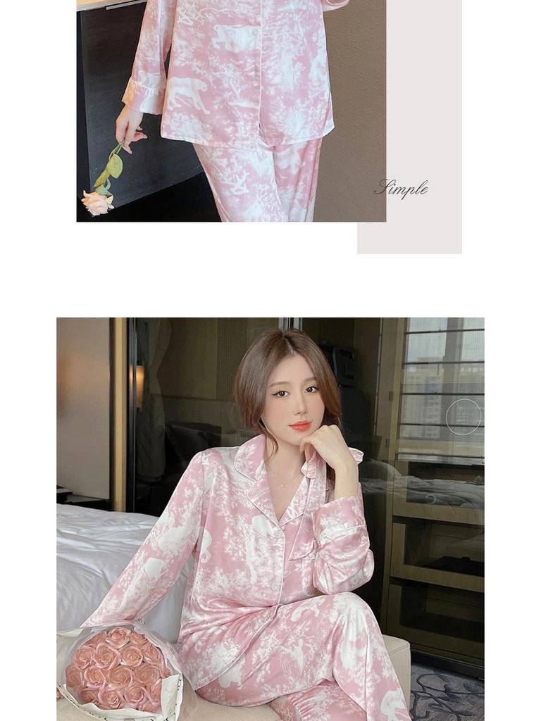 Lockerer Eisseiden-Pyjama für Zuhause für Frühling/Sommer: Loungewear-Set mit langen Ärmeln und exquisiter Textur