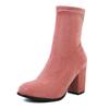 Winter Stretch Flock Ankle Boots Women High Block Heels Party Dress Office Lady Round Toe Slip-on Warm Plush Elastic Sock Boots