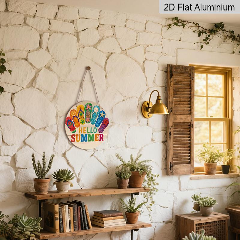 2D Flat, 1pc Aluminum Flip Flops Hello Summer Wall Sign - Retro Beach House Decor with Flip-Flop Design, Lightweight Suitable for Bedroom, Kitchen