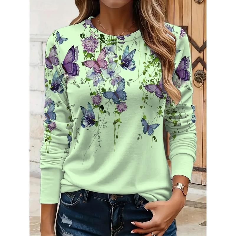 Women's Plus Size Floral Print Long Sleeve T-Shirt with Slight Stretch - Casual and Comfortable