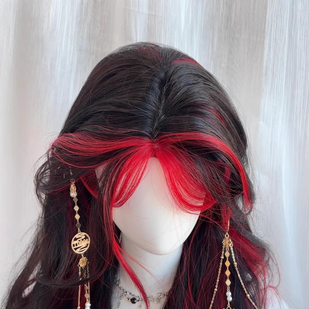 Mittelscheitel Schwarzes Ombre Rotes Gestuftes Haarteil Halloween Lolita Cosplay Perücken für Damen