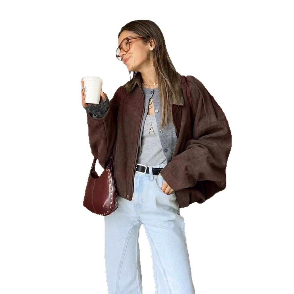 Fall Winter Women Fashion Batwing Sleeve Zipper Bomber Jacket Casual Outerwear, European American Style Women's Coat for Wholesale