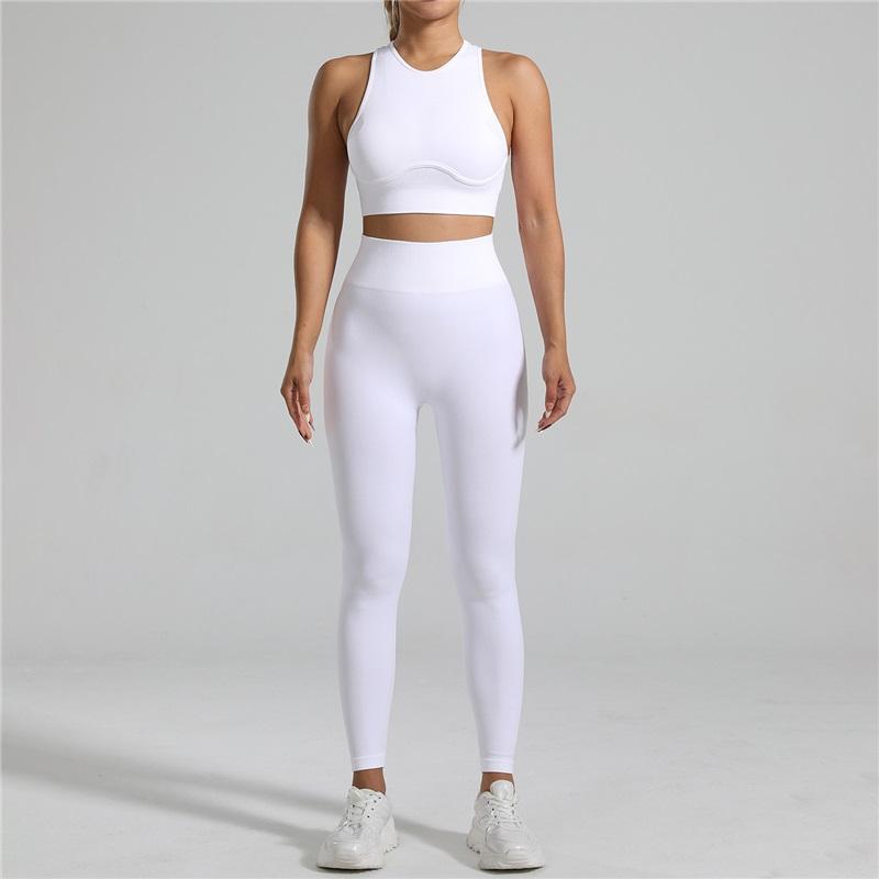 European And American Style Women's Tight-fitting Seamless Yoga Clothes 2 Piece High-intensity Running Fitness Sports Threaded Vest Trousers Suit