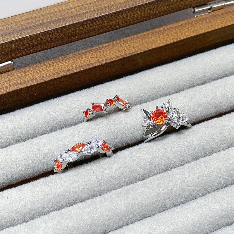 Small Fresh Orange Red Colored Treasure Zircon Row Diamond Opening Ring Light Luxury High Sense Niche Personality Stacked Ring Woman