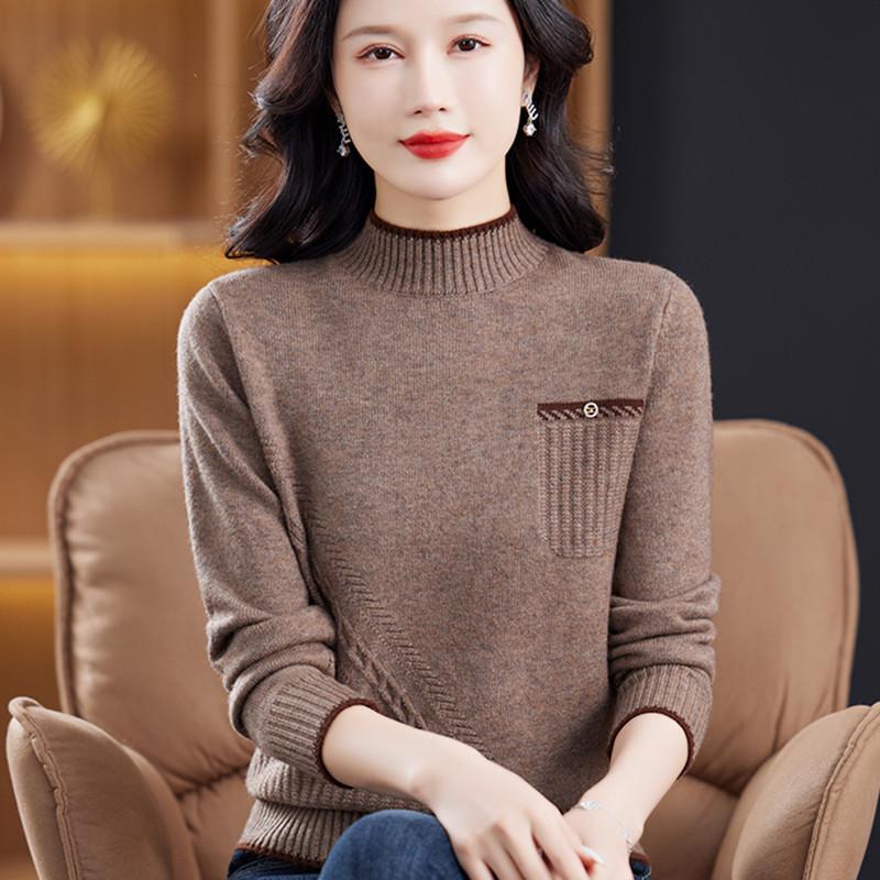 Modny sweter kontrastowy dla kobiet Wszechstronny sweter dzianinowy z okrągłym dekoltem na jesień i zimę Stylowy sweter casual z długim rękawem