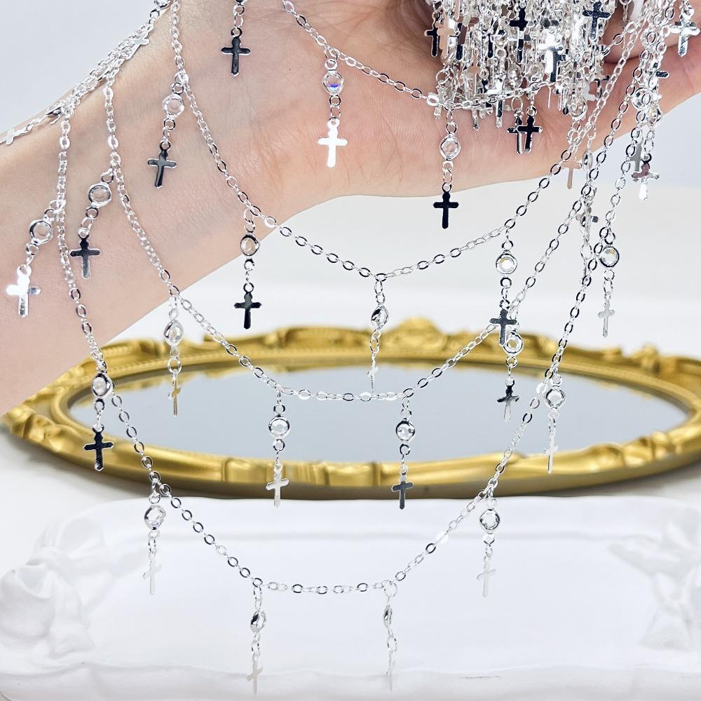 

1 Meter Length Crystal Beaded Chain Cross Charm Tassel Rhinestones Design Necklace Making Chain Metal Charm Link Chain серебряный