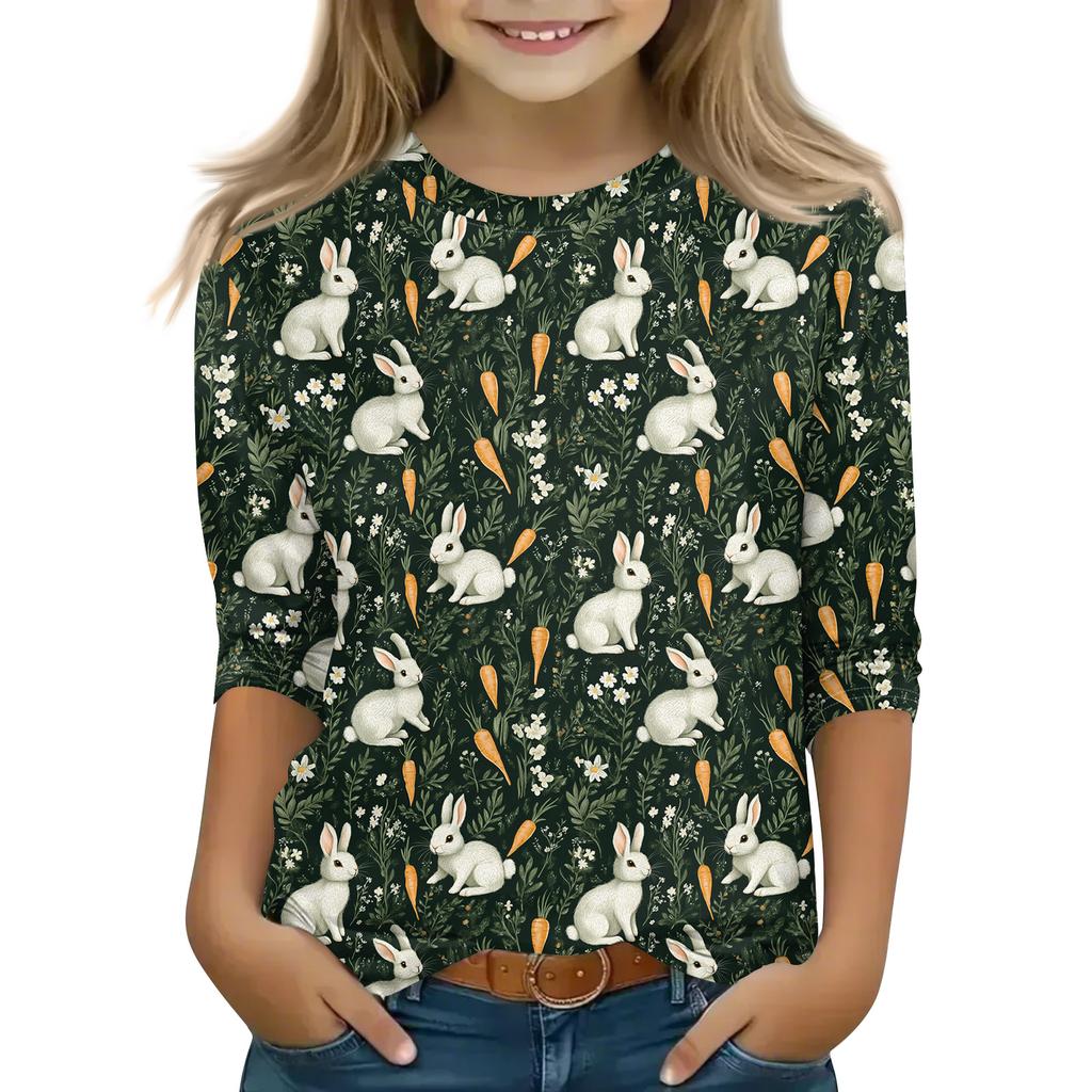 Print Tops For Youth Girls Round Neck 3/4 Sleeves T-Shirts Trendy Tops Outfit Tees