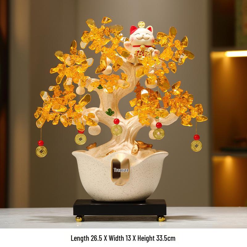 Crystal Money Tree Ornament: Lucky Cat Treasure Bowl for Living Room, Office, Shop, or TV Cabinet Decoration