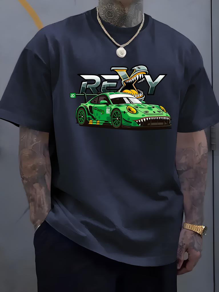 Unisex Purple Oversized Tee Rex Dino Race Car Graphic Soft Cotton Short Sleeve Crewneck Motorsport Street Summer Male Daily Tops