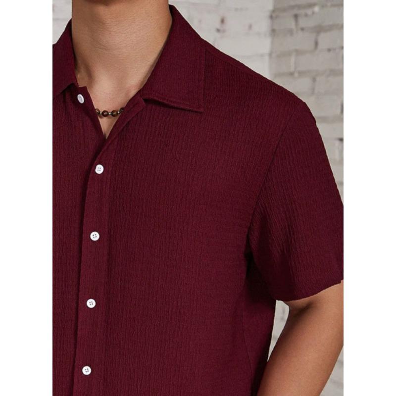 Men Notched Lapel Short Sleeve Shirt Crinkle Waffle Texture Full Button Front Loose Vacation Casual Blouse Tops