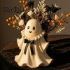 Small Ghost Sculpture Halloween Resin Figurine with Wicker Basket, Cute Tabletop Decorative Basket Decor, Holiday Ornament Organizer for Entryway