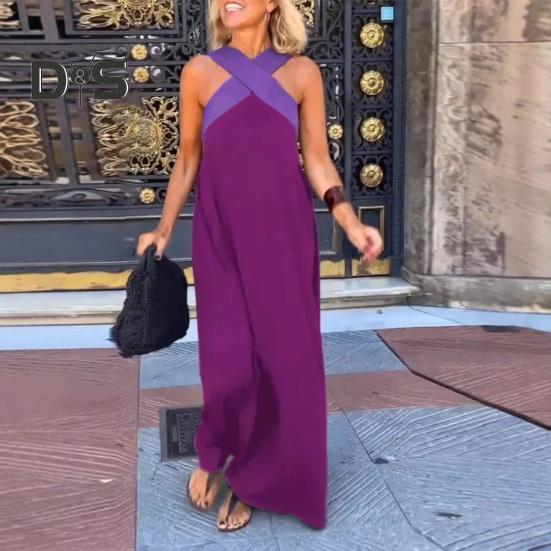 Damen Abendkleid mit gekreuztem Halsausschnitt, schulterfrei, rückenfreies Robenkleid, einfarbig, lockeres Maxikleid für Strandparty, Abschlussball, Urlaub