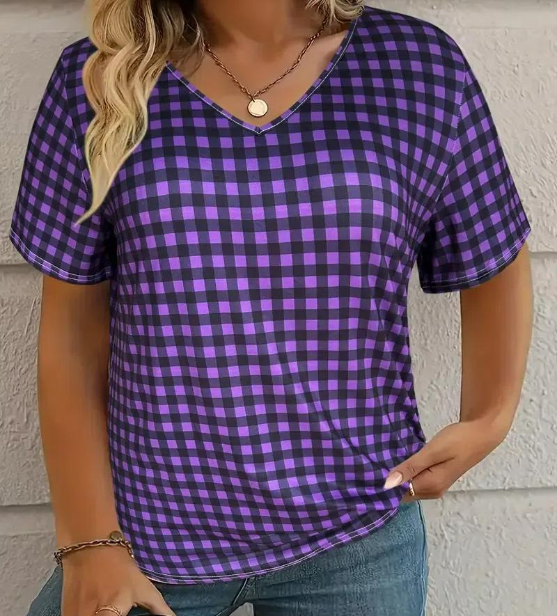 

S-8XL Большие размеры Женская футболка с клетчатым узором и принтом Летние повседневные топы с коротким рукавом Футболки Уличная мода Свободная одежда больших размеров 8XL