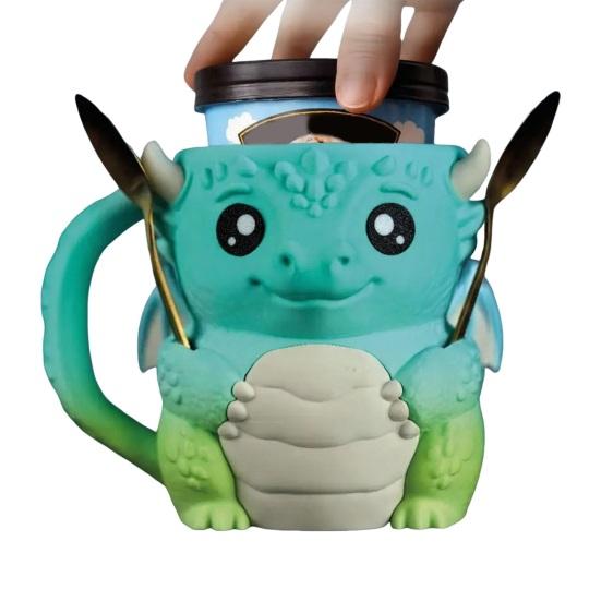 Eisbecherhalter mit Griff, 16 oz Behälter, mit integriertem Snackfach-Design, Niedrige isolierte Hülle mit Drachenmotiv für Desserts und Getränke