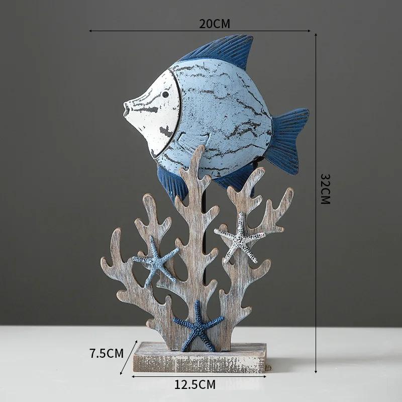 Mediterranean Wood Fish Coral Statue Shell Miniature,Ocean Animal Crafts Ornaments Living Room Children's Bedroom Decoration