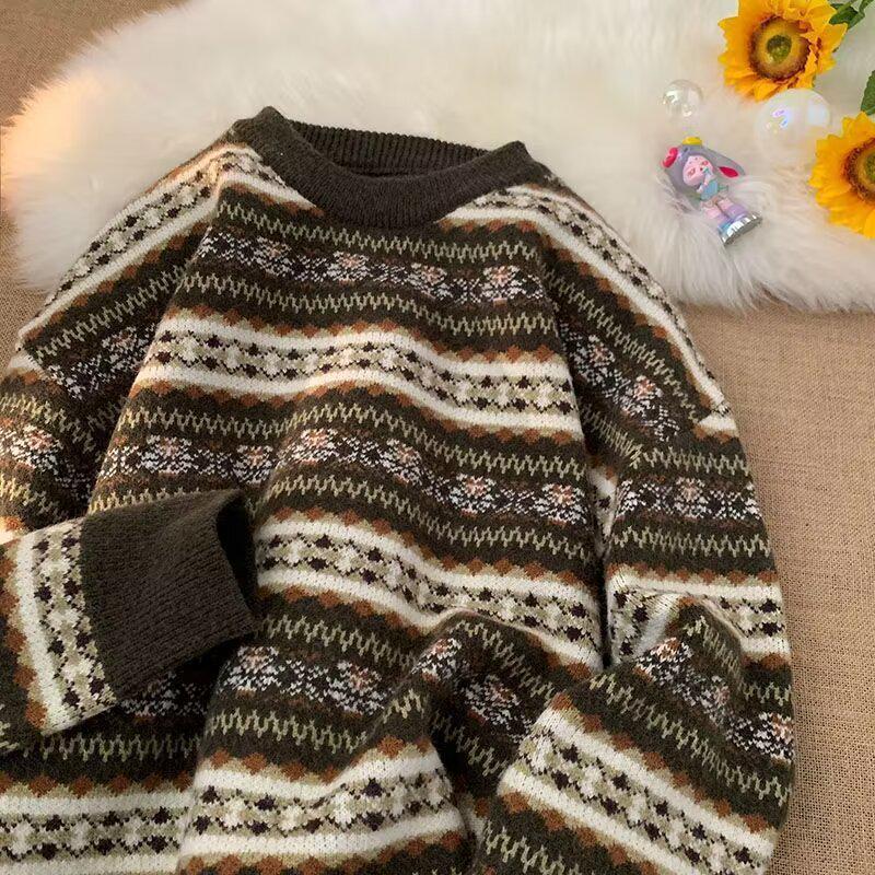 Men's Color Block Striped Sweater - Autumn/Winter Loose Long Sleeve Crew Neck, Couple Trendy Style