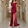 European and American Burgundy Satin Off-the-shoulder Split Dress Skirt, Slim Fishtail Wedding Party Evening Dress Woman
