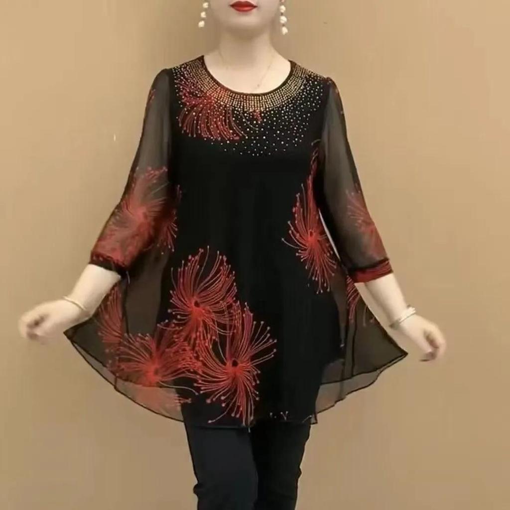 Camiseta de Manga Siete Minutos de Largo Medio para Mujer Primavera y Verano, Diseño para Mediana Edad y Ancianos, Tallas Grandes, Tops con Temperamento