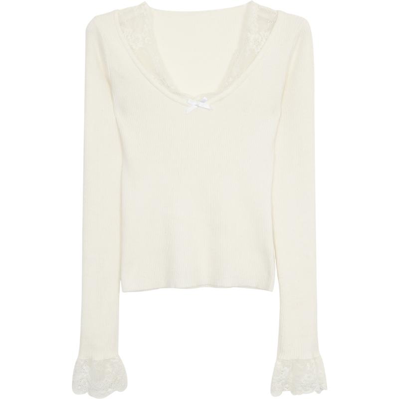 Jersey de Punto Casual de Encaje con Cuello en V para Mujer Otoño e Invierno Nuevo Jersey de Punto Ajustado para Mujer Tops Elegantes Sólidos Vintage Jerséis de Señora 25865