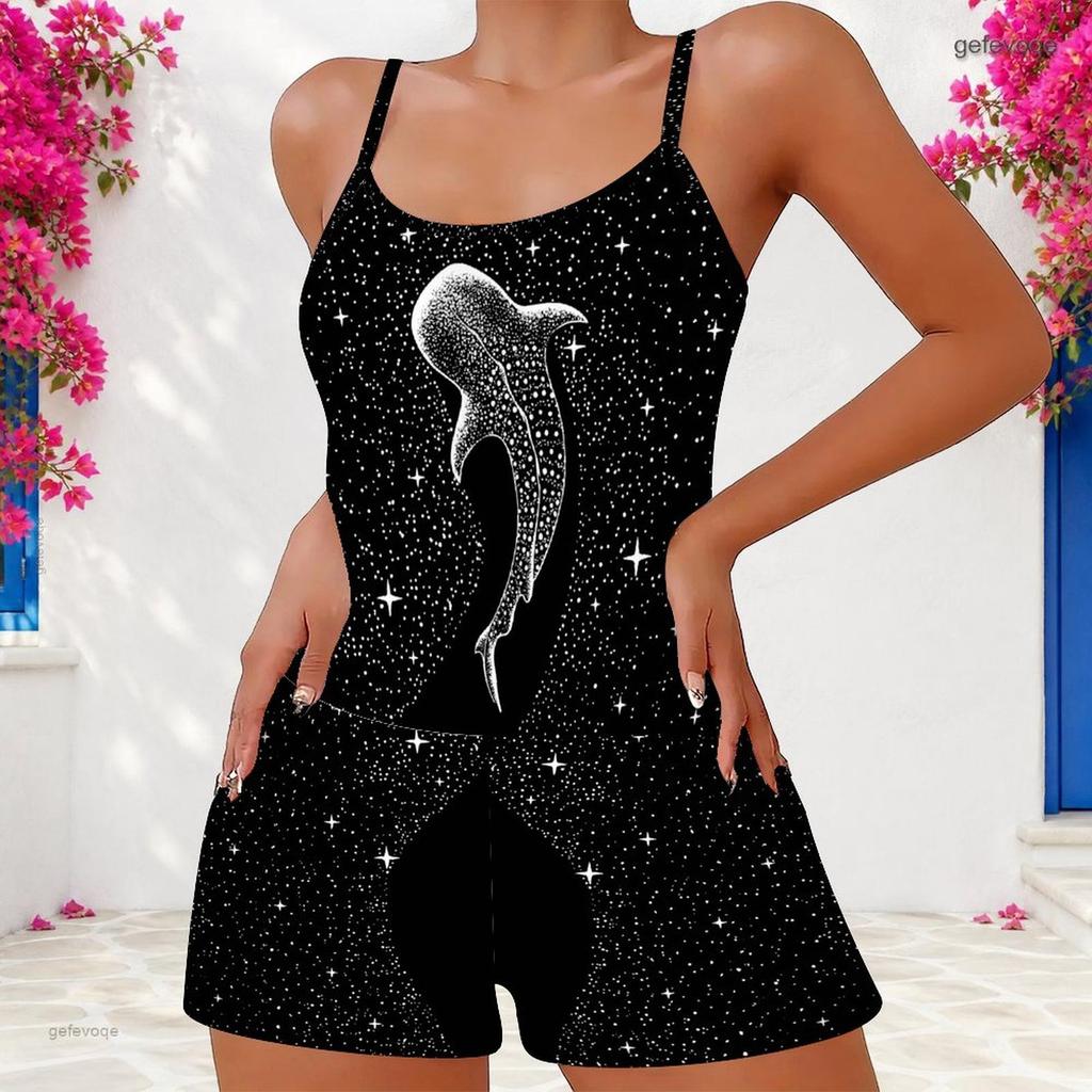 Women Plus Size Scoop Neck Strappy Tank Top Floral Printed Navy Blue Two Piece Shorts Set