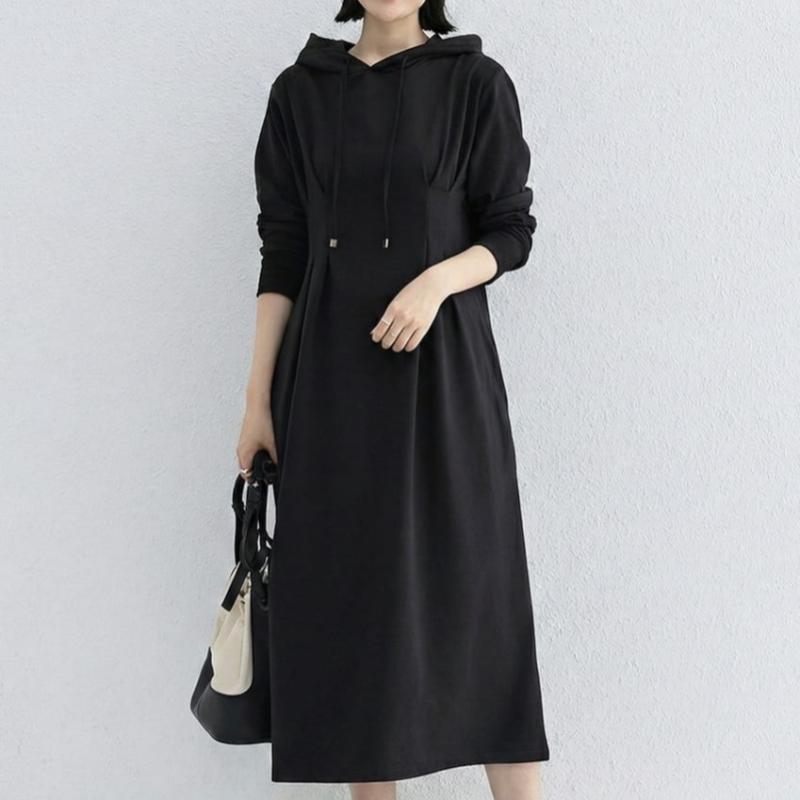 Navava Women Waist Shirring Long Sleeve Hoodie Long Dress No964