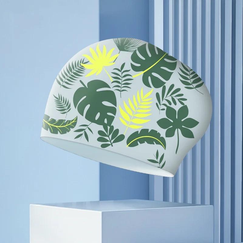 Große Badekappen Damen Mode Druck Ohrenschutz Lange Haare Wasserdicht Silikon Badekappe Badehüte Schwimmzubehör
