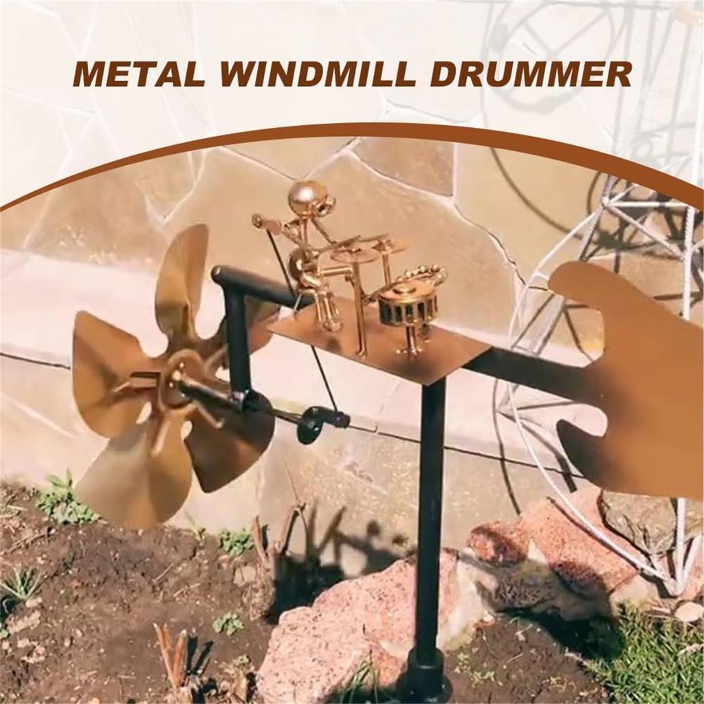 Mulinello a Vento Batterista in Metallo Fatto a Mano, Decorazione da Giardino Mulinello a Vento Batterista, Statuette Musicali Percussionista, Scultura Divertente Azionata dal Vento